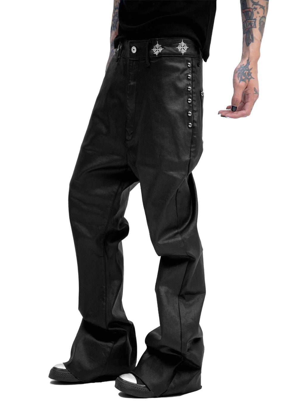 DETW studded oil coated black denim