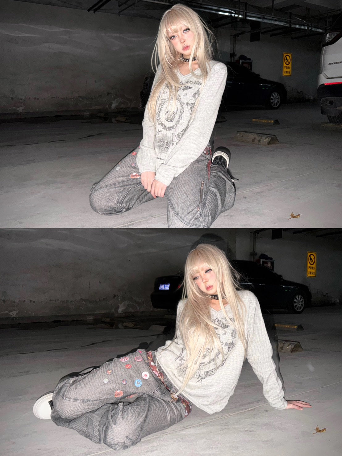 no E mosen V-Neck Loose White and Gray Sweater