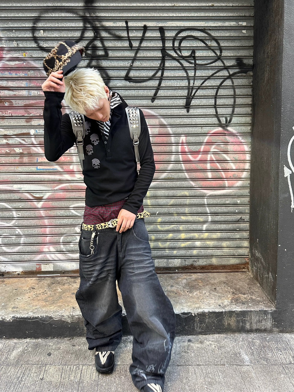 Double-Layer Striped Skull Beaded Sweatshirt