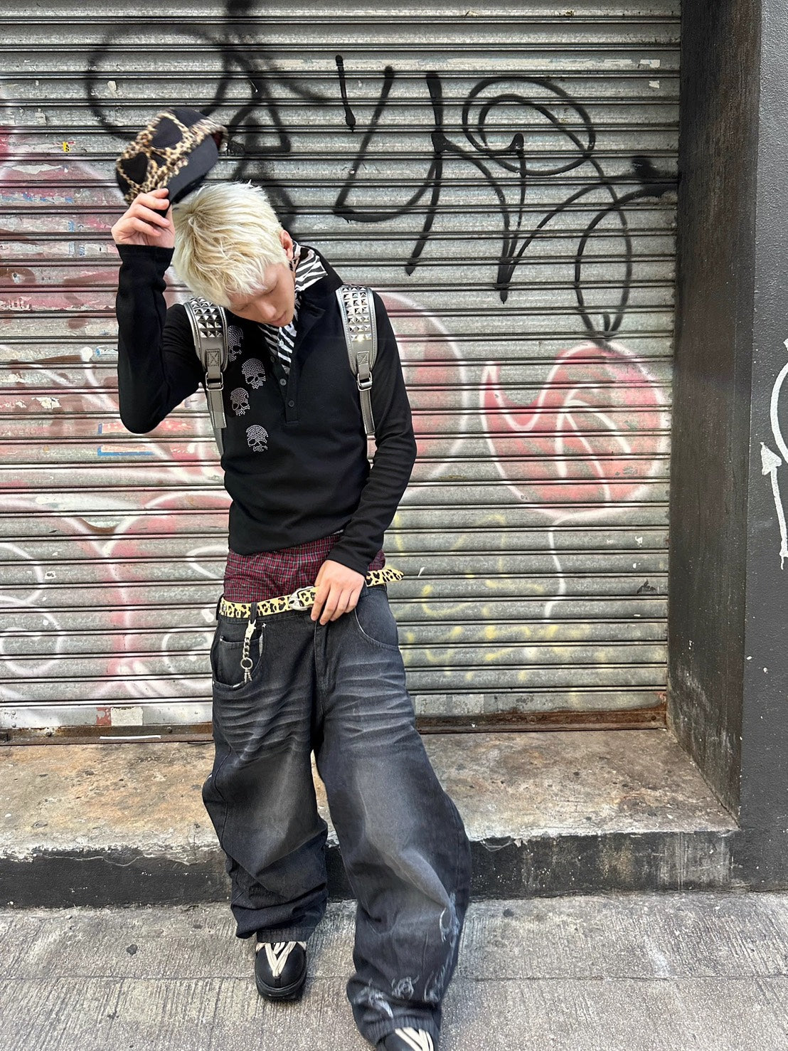 Double-Layer Striped Skull Beaded Sweatshirt