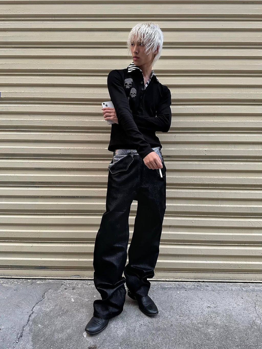 Double-Layer Striped Skull Beaded Sweatshirt